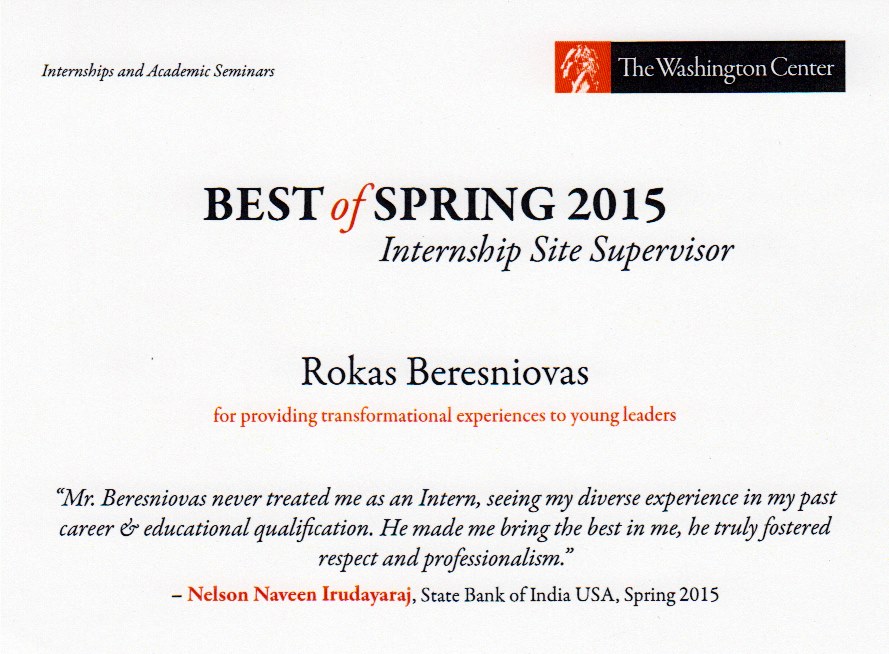 Rokas received an award for The Washington Center’s Spring 2015 Internship Site Supervisor Award.
